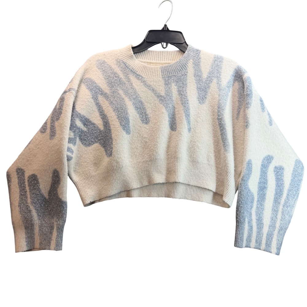 Altar'd State Cropped Sweater Womens‎ Medium Cream Blue Abstract Boho Oversized
